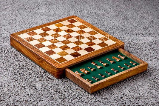 12” Luxury Handcrafted Drawer Wooden Chess Set with Leather Bag
