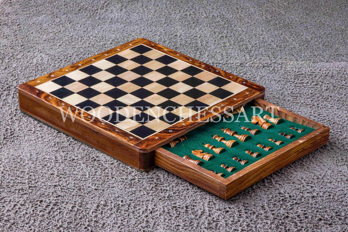 12” Luxury Drawer Chess Set in Ebony and Golden Rosewood with Leather Bag
