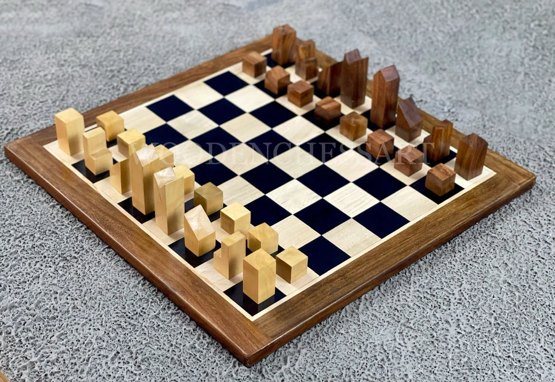 The Minimalist Chess pieces & 12.5" Chessboard Chess Set in Sheesham Wood and Boxwood