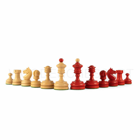 3.5” Vintage 1930 German Knubell Reproduction Chess Pieces Only in Stained Crimson & Boxwood - Weighted