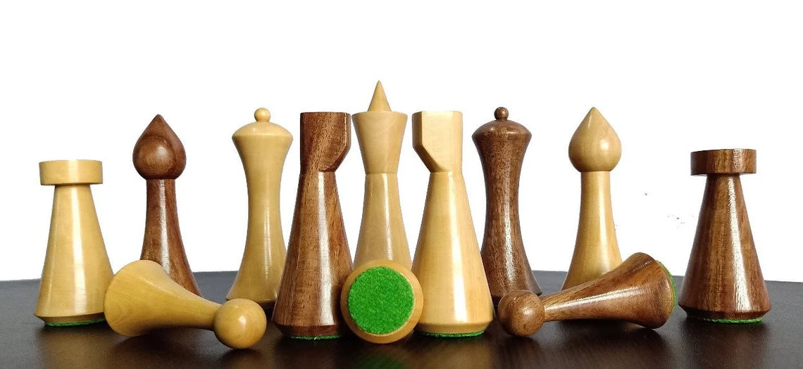 4" Herman Ohme Reproduced 1950s Minimalist Chess Pieces & 16" Chessboard Chess Set – Golden Rosewood & Maple