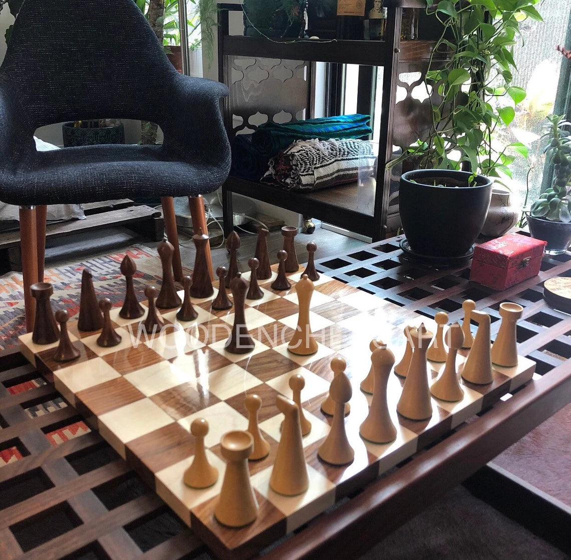 4" Herman Ohme Reproduced 1950s Minimalist Chess Pieces & 16" Chessboard Chess Set – Golden Rosewood & Maple