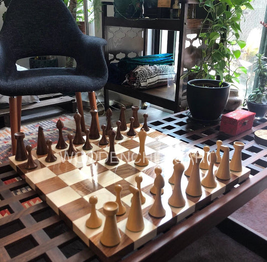 4" Herman Ohme Reproduced 1950s Minimalist Chess Pieces & 16" Chessboard Chess Set – Golden Rosewood & Maple