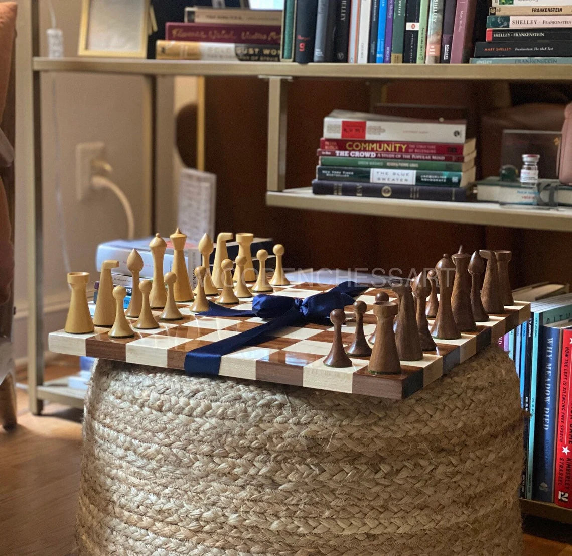 4" Herman Ohme Reproduced 1950s Minimalist Chess Pieces & 16" Chessboard Chess Set – Golden Rosewood & Maple
