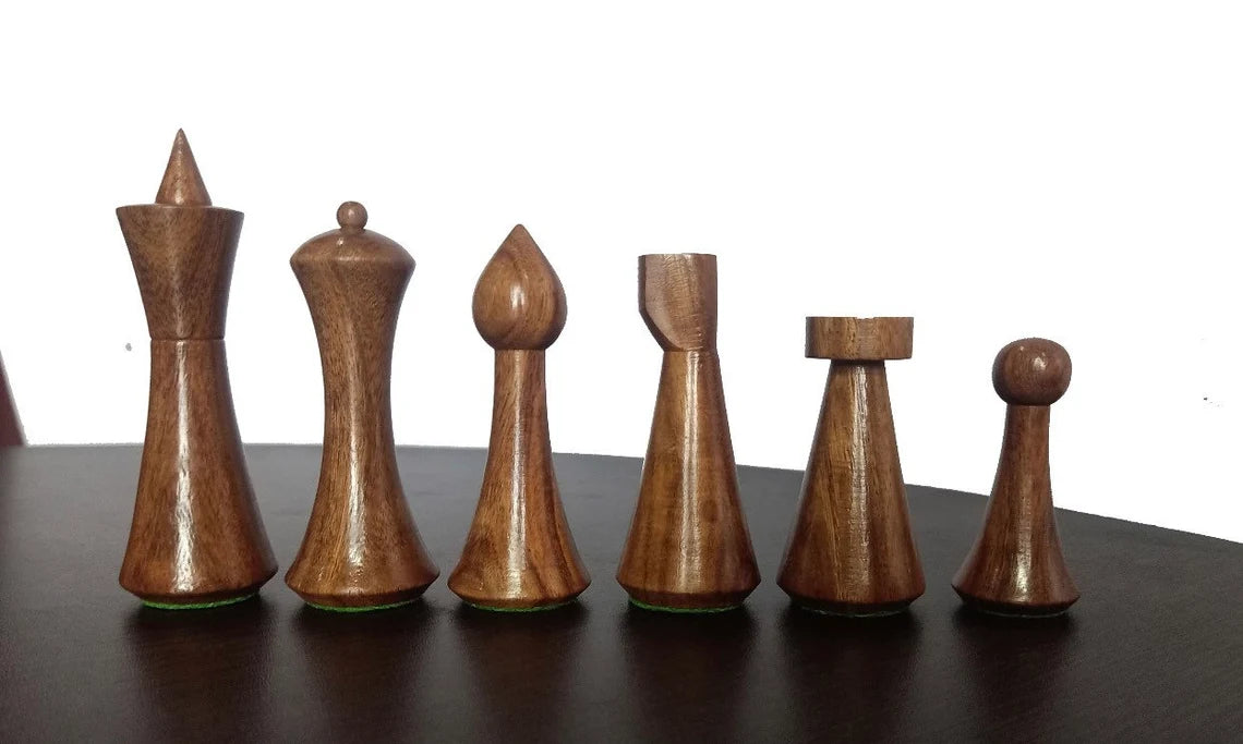 4" Herman Ohme Reproduced 1950s Minimalist Chess Pieces & 16" Chessboard Chess Set – Golden Rosewood & Maple