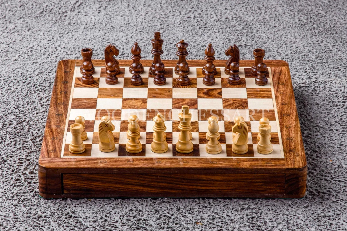12” Luxury Handcrafted Drawer Wooden Chess Set with Leather Bag