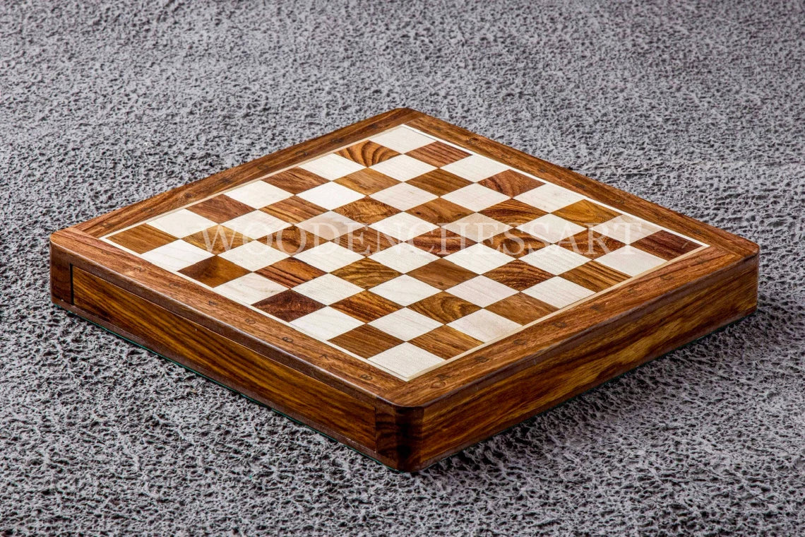 12” Luxury Handcrafted Drawer Wooden Chess Set with Leather Bag