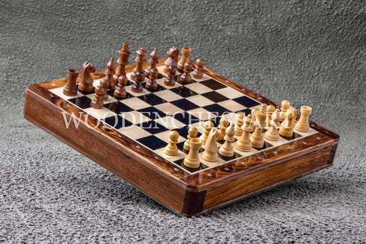12” Luxury Drawer Chess Set in Ebony and Golden Rosewood with Leather Bag