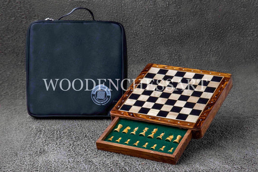 12” Luxury Drawer Chess Set in Ebony and Golden Rosewood with Leather Bag