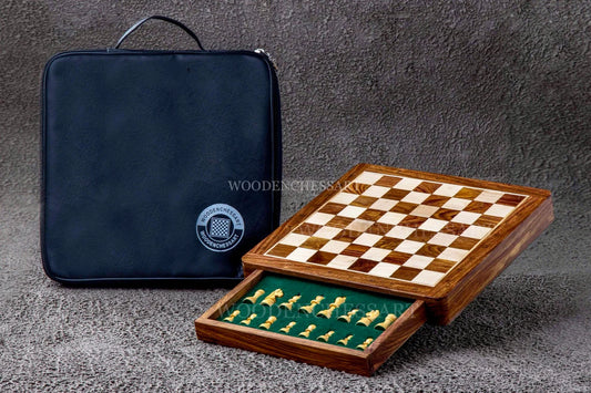 12” Luxury Handcrafted Drawer Wooden Chess Set with Leather Bag