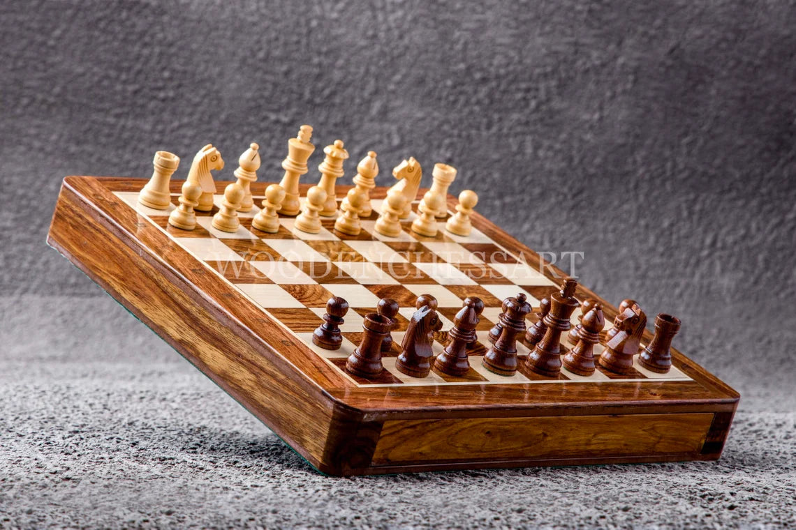 12” Luxury Handcrafted Drawer Wooden Chess Set with Leather Bag