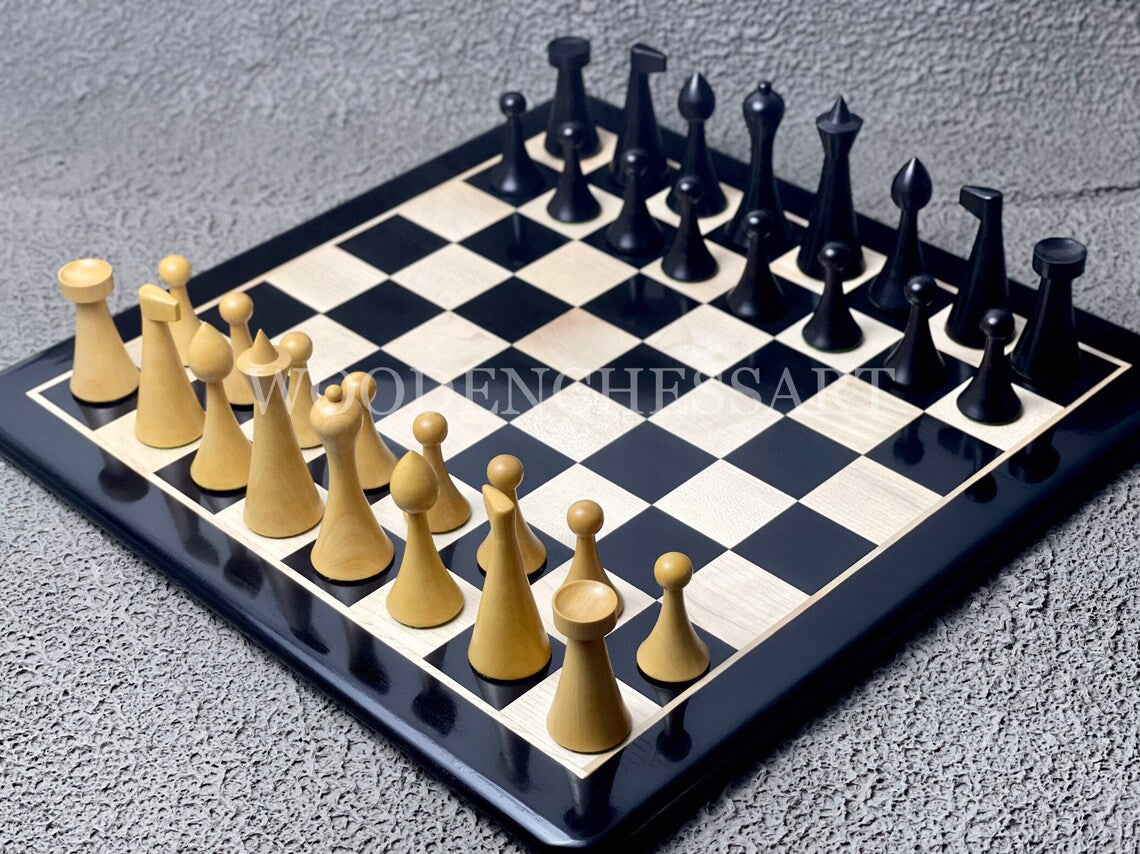 4" 1950s Ebonized Herman Ohme Minimalist Chess Pieces & 16.5" Ebony Chessboard Set4" 1950s Ebonized Herman Ohme Minimalist Chess Pieces & 16.5" Ebony Chessboard Set