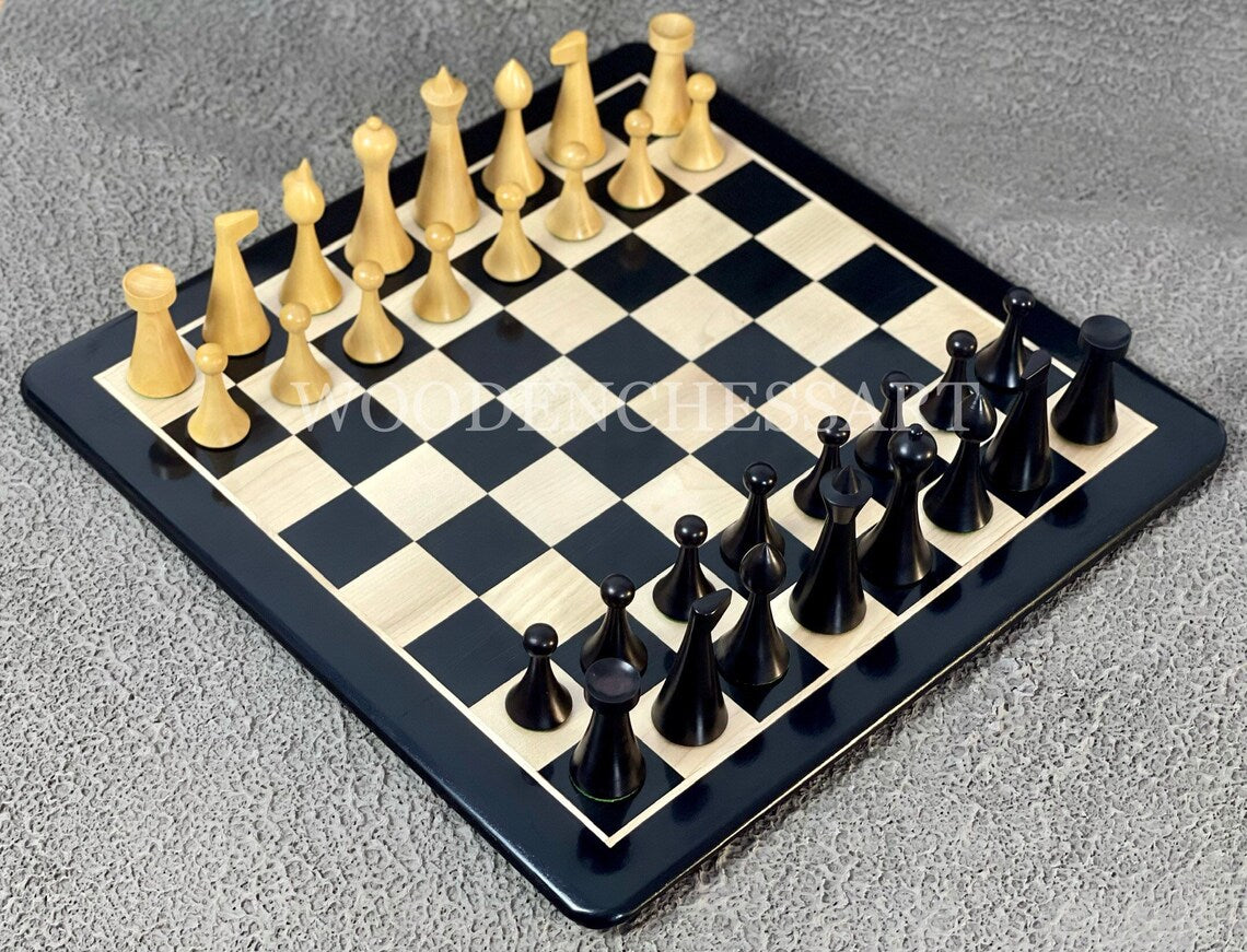 4" 1950s Ebonized Herman Ohme Minimalist Chess Pieces & 16.5" Ebony Chessboard Set4" 1950s Ebonized Herman Ohme Minimalist Chess Pieces & 16.5" Ebony Chessboard Set