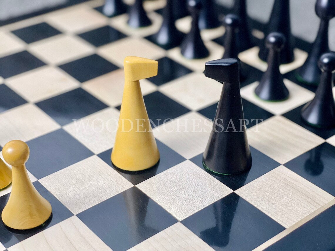 4" 1950s Ebonized Herman Ohme Minimalist Chess Pieces & 16.5" Ebony Chessboard Set4" 1950s Ebonized Herman Ohme Minimalist Chess Pieces & 16.5" Ebony Chessboard Set