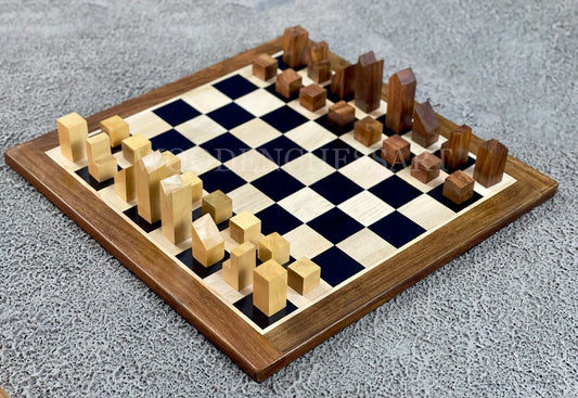 The Minimalist Chess pieces & 12.5" Chessboard Chess Set in Sheesham Wood and Boxwood