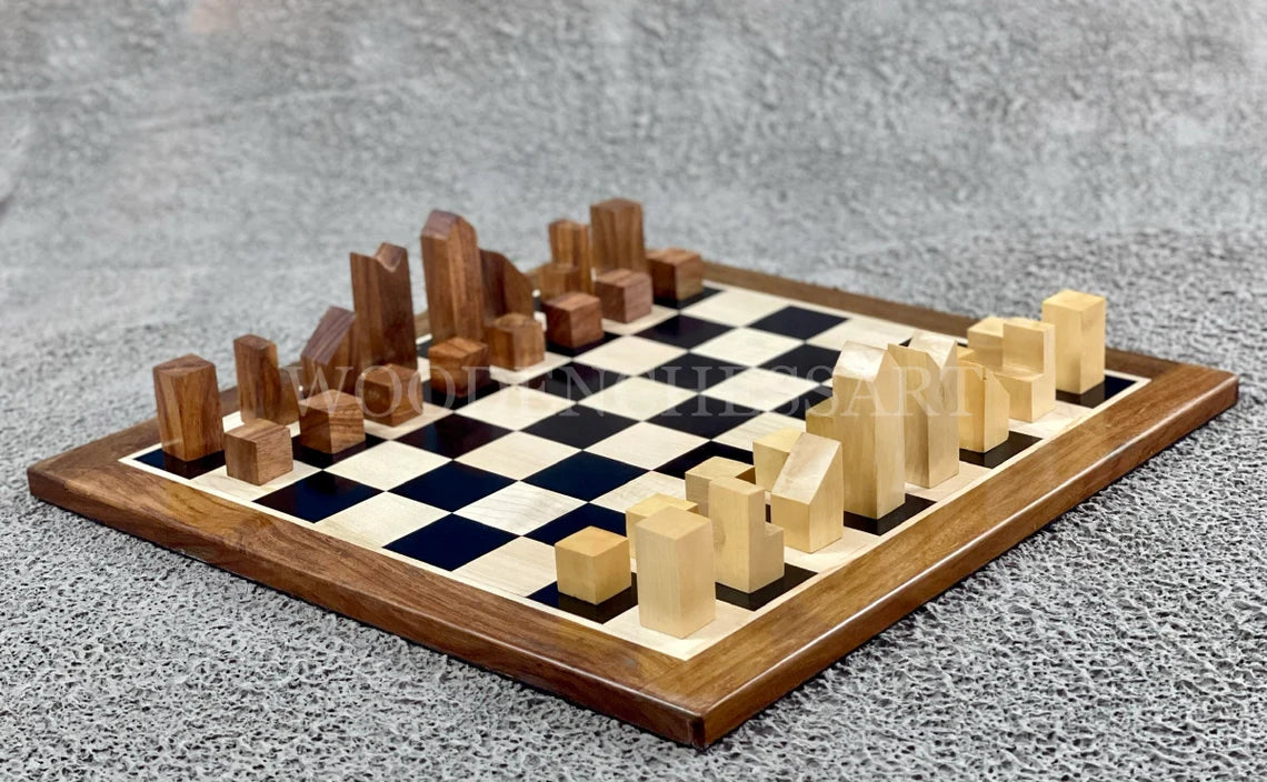 The Minimalist Chess pieces & 12.5" Chessboard Chess Set in Sheesham Wood and Boxwood