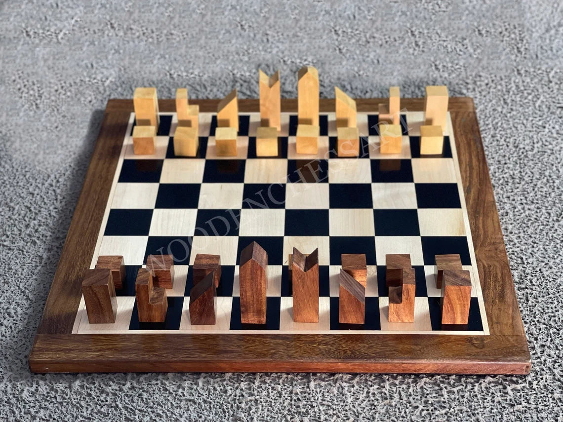 The Minimalist Chess pieces & 12.5" Chessboard Chess Set in Sheesham Wood and Boxwood