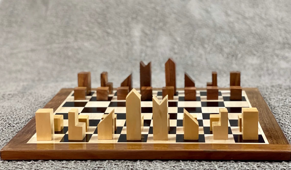 The Minimalist Chess pieces & 12.5" Chessboard Chess Set in Sheesham Wood and Boxwood