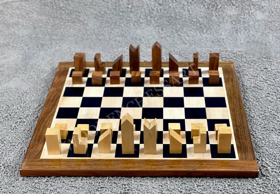 The Minimalist Chess pieces & 12.5" Chessboard Chess Set in Sheesham Wood and Boxwood