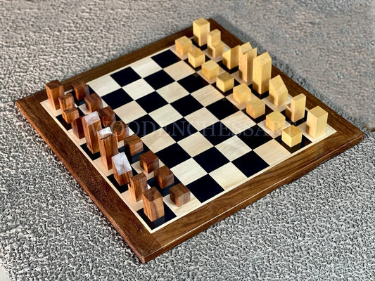 The Minimalist Chess pieces & 12.5" Chessboard Chess Set in Sheesham Wood and Boxwood