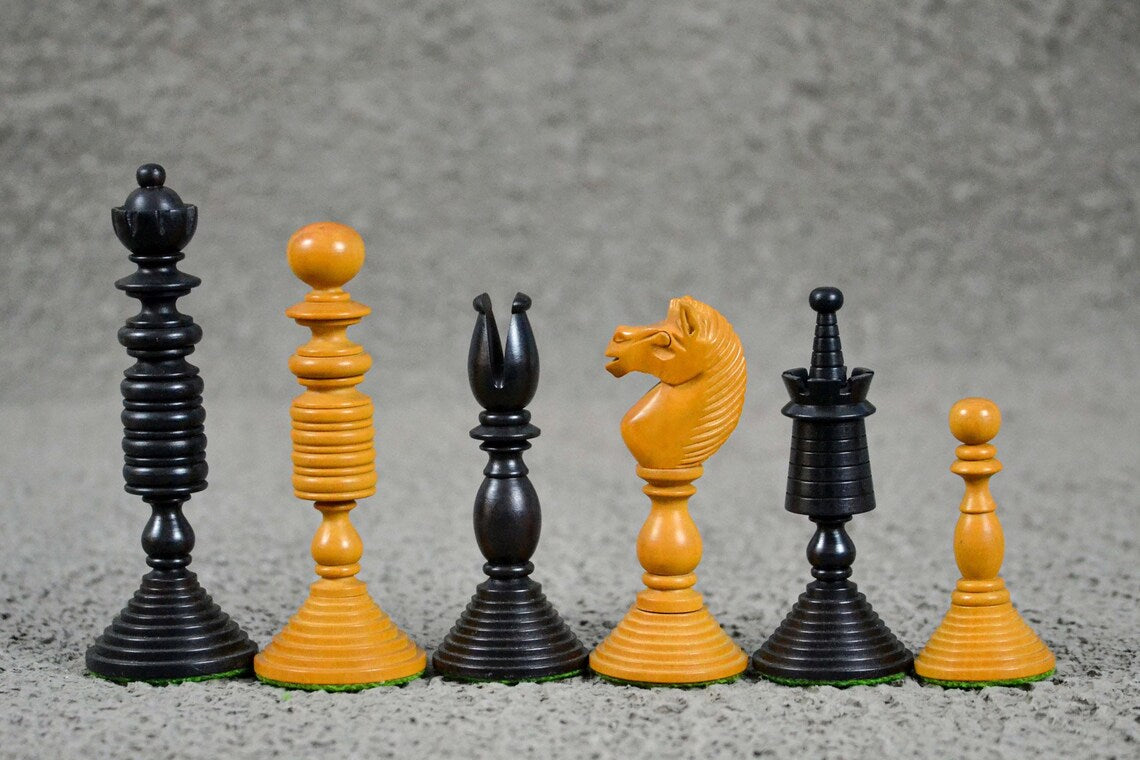 4.7” International Staunton Chess Pieces Only in Antiqued & Ebonized Boxwood - Double Weighted
