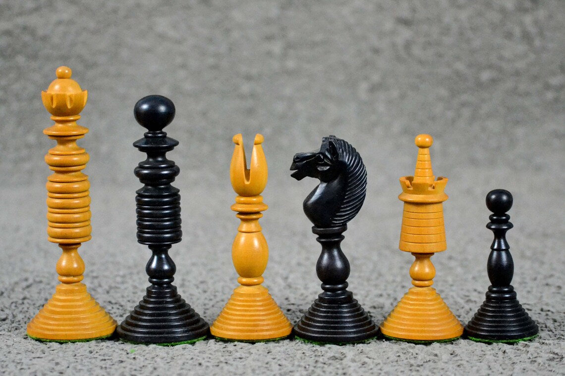 4.7” International Staunton Chess Pieces Only in Antiqued & Ebonized Boxwood - Double Weighted