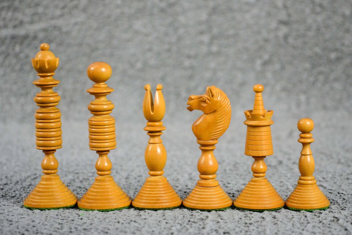 4.7” International Staunton Chess Pieces Only in Antiqued & Ebonized Boxwood - Double Weighted