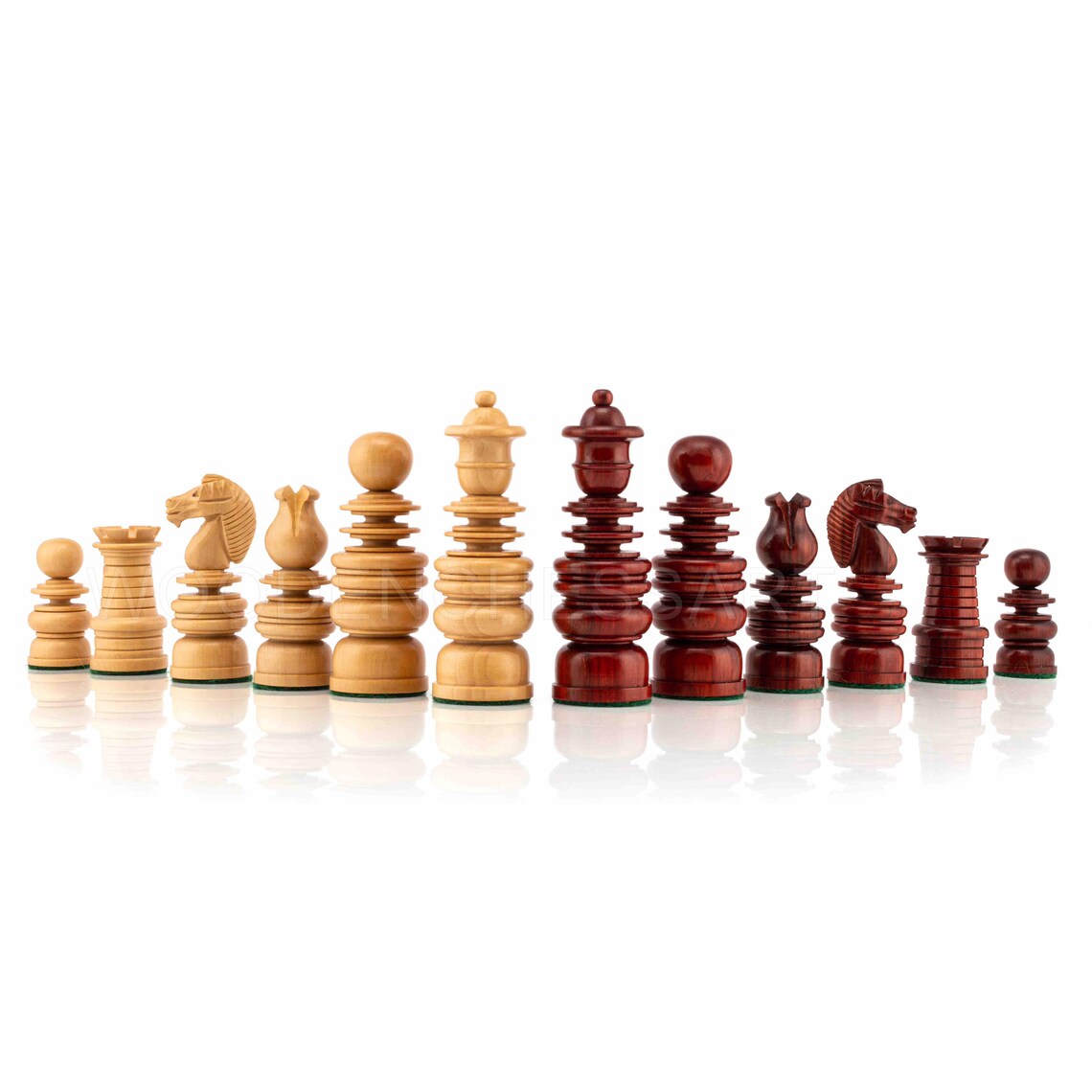 St. George Staunton Chess Pieces in Boxwood & Budrose Wood -1840’s Calvert Series Reproduction Chess Pieces -4.3” King