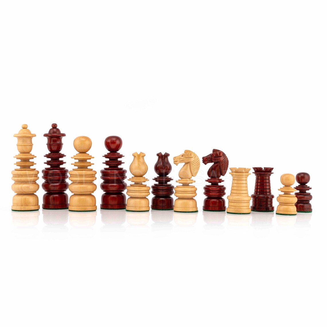 St. George Staunton Chess Pieces in Boxwood & Budrose Wood -1840’s Calvert Series Reproduction Chess Pieces -4.3” King