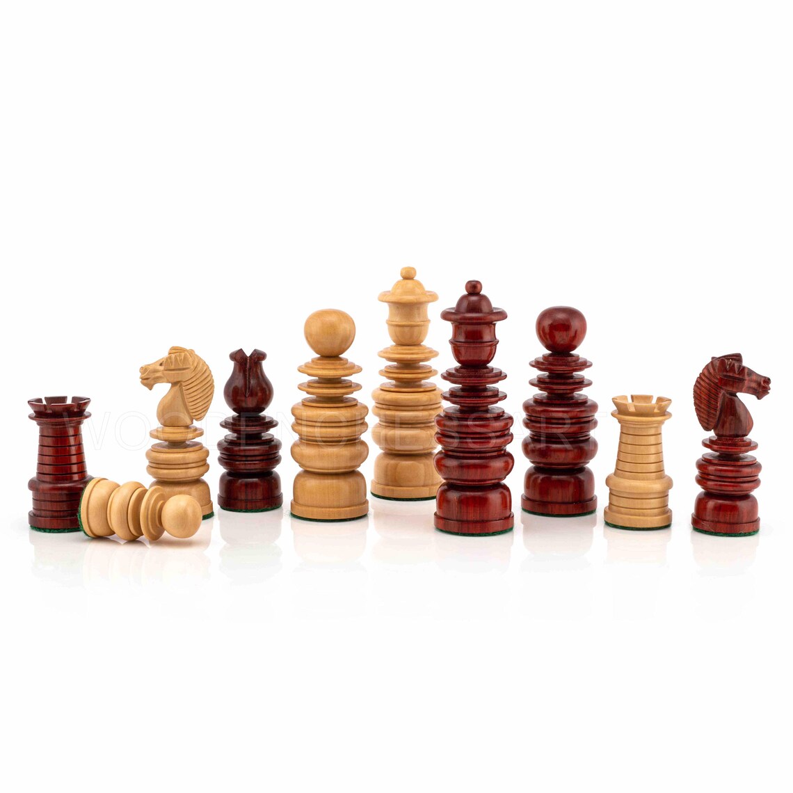 St. George Staunton Chess Pieces in Boxwood & Budrose Wood -1840’s Calvert Series Reproduction Chess Pieces -4.3” King