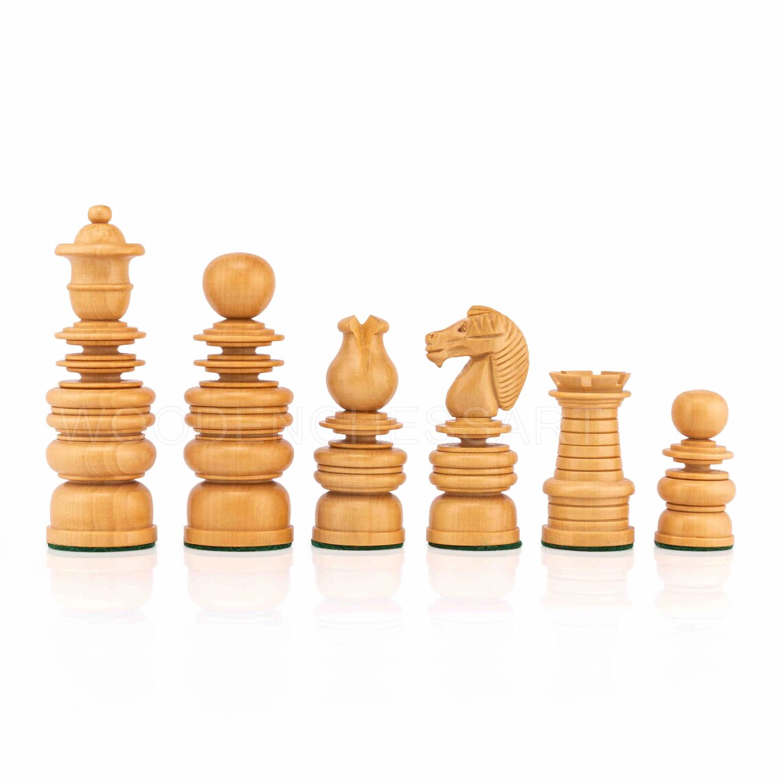 St. George Staunton Chess Pieces in Boxwood & Budrose Wood -1840’s Calvert Series Reproduction Chess Pieces -4.3” King