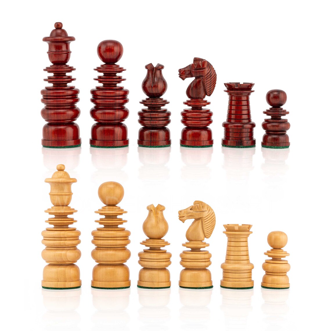 St. George Staunton Chess Pieces in Boxwood & Budrose Wood -1840’s Calvert Series Reproduction Chess Pieces -4.3” King