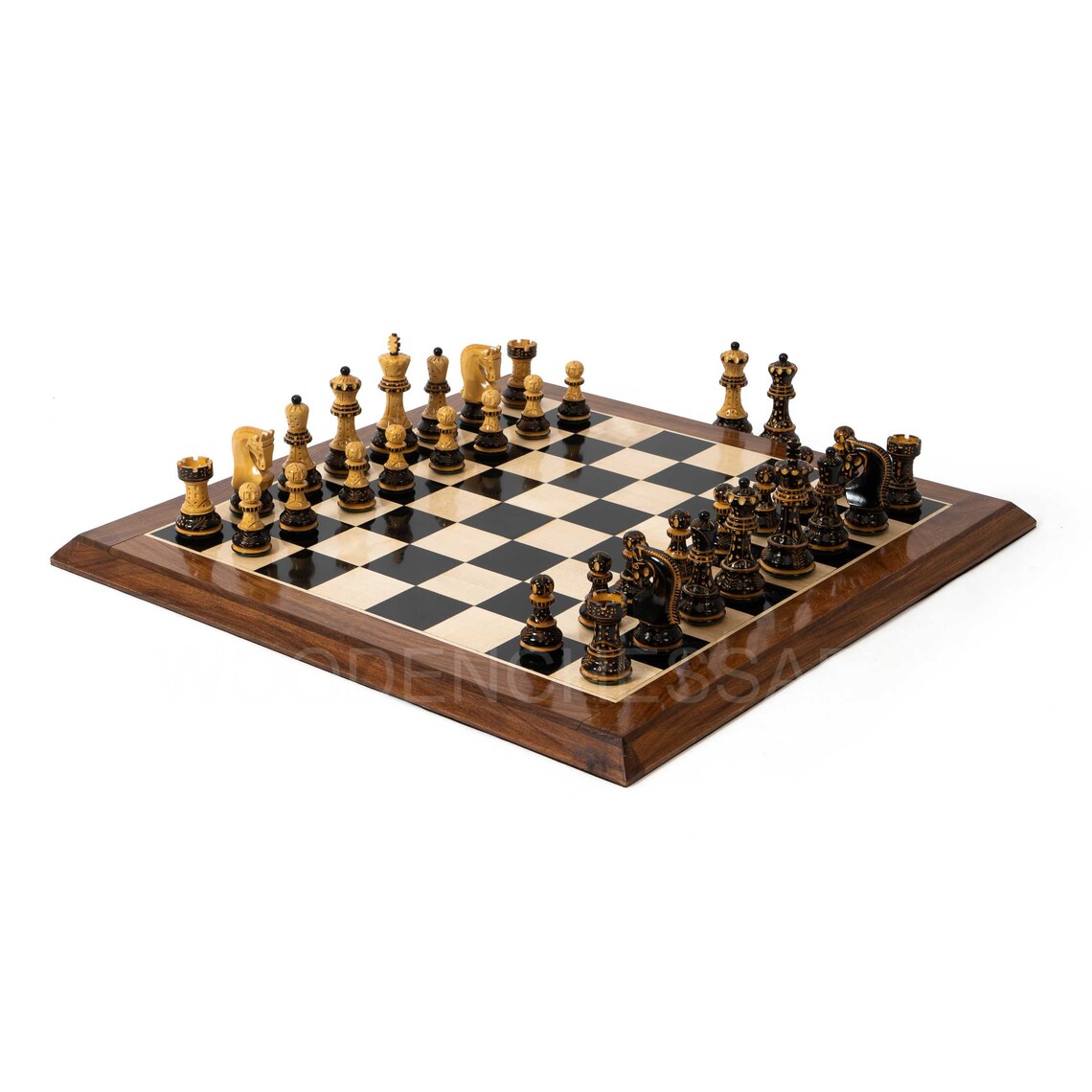 3.75" Burning Zagreb Series Chess Pieces & 21" Chessboard Chess Set in Burnt Boxwood - 2.67 lbs