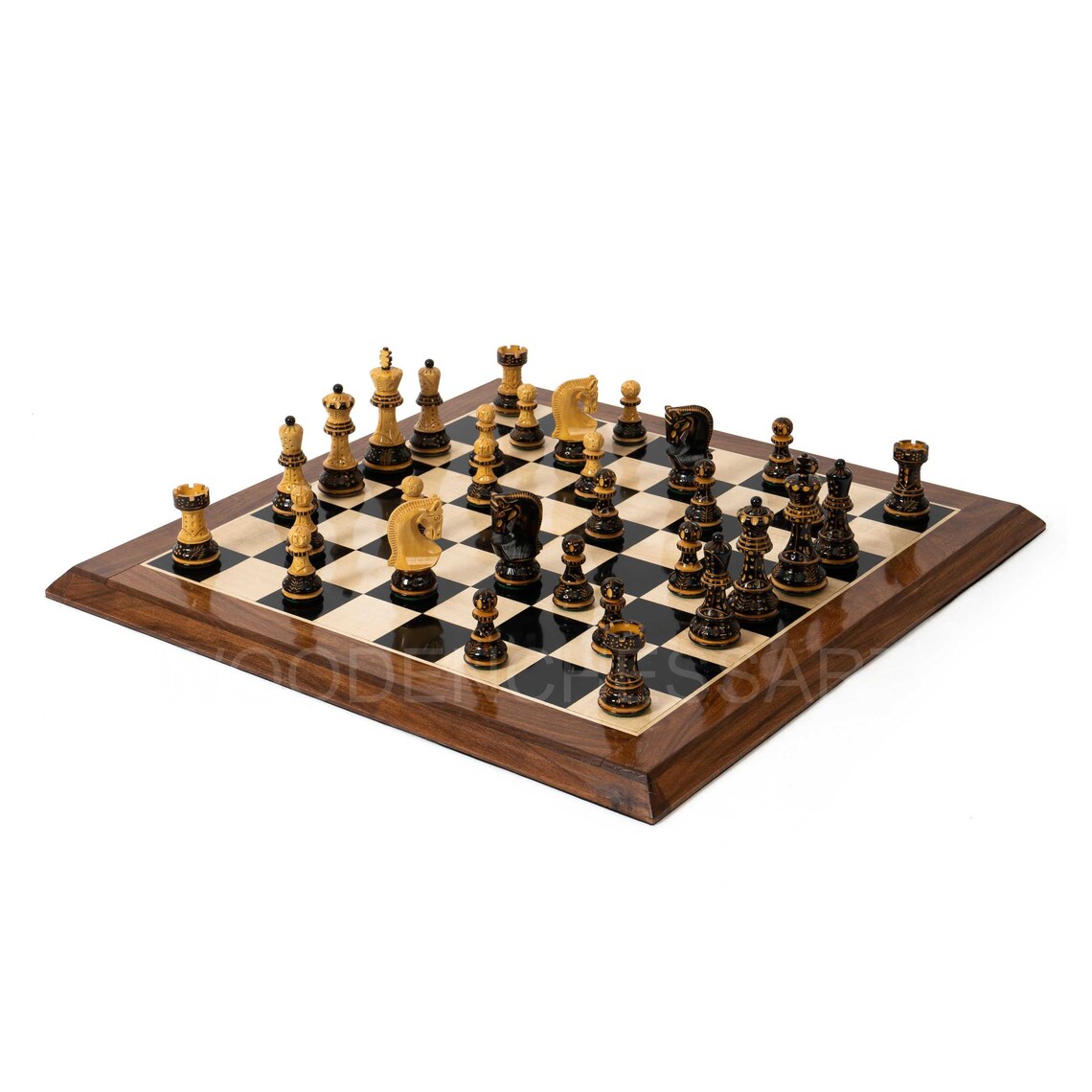 3.75" Burning Zagreb Series Chess Pieces & 21" Chessboard Chess Set in Burnt Boxwood - 2.67 lbs