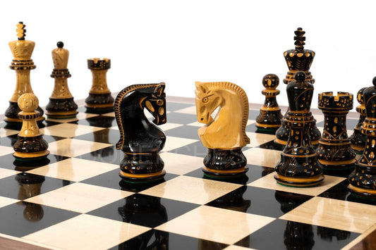 3.75" Burning Zagreb Series Chess Pieces & 21" Chessboard Chess Set in Burnt Boxwood - 2.67 lbs