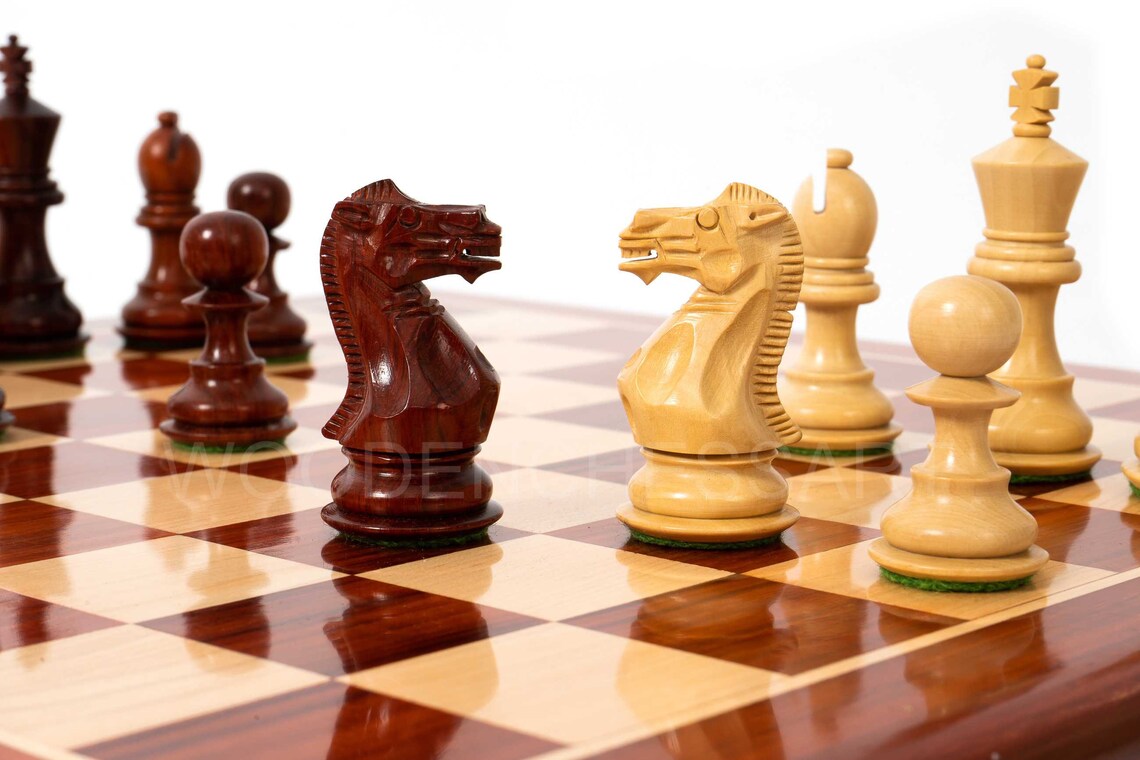 3.1" Premium Staunton Series Chess Pieces & 16" Chessboard Chess Set in Bud Rosewood - 2.1 lbs