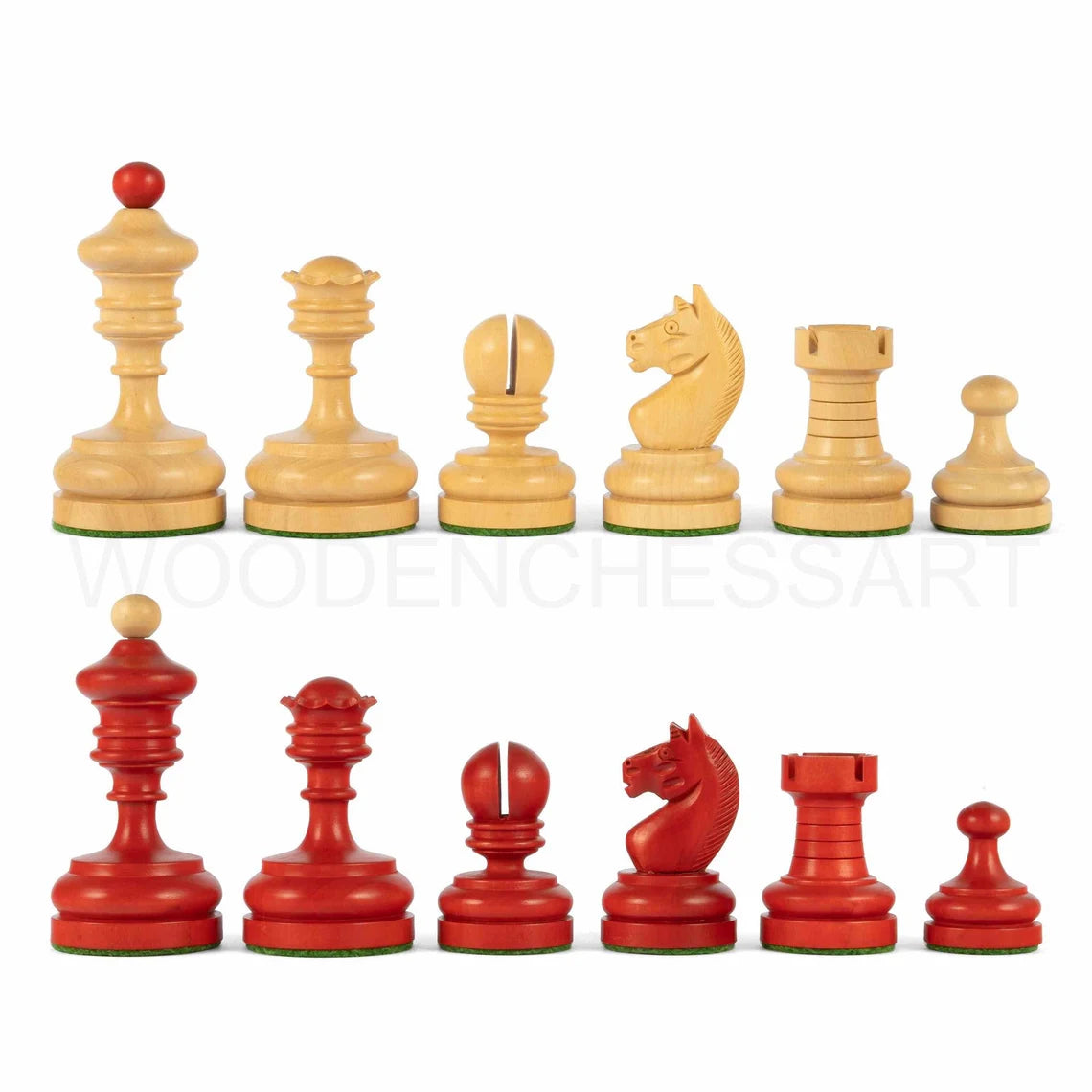 3.5” Vintage 1930 German Knubell Reproduction Chess Pieces Only in Stained Crimson & Boxwood - Weighted