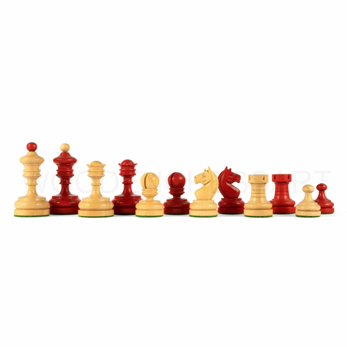 3.5” Vintage 1930 German Knubell Reproduction Chess Pieces Only in Stained Crimson & Boxwood - Weighted