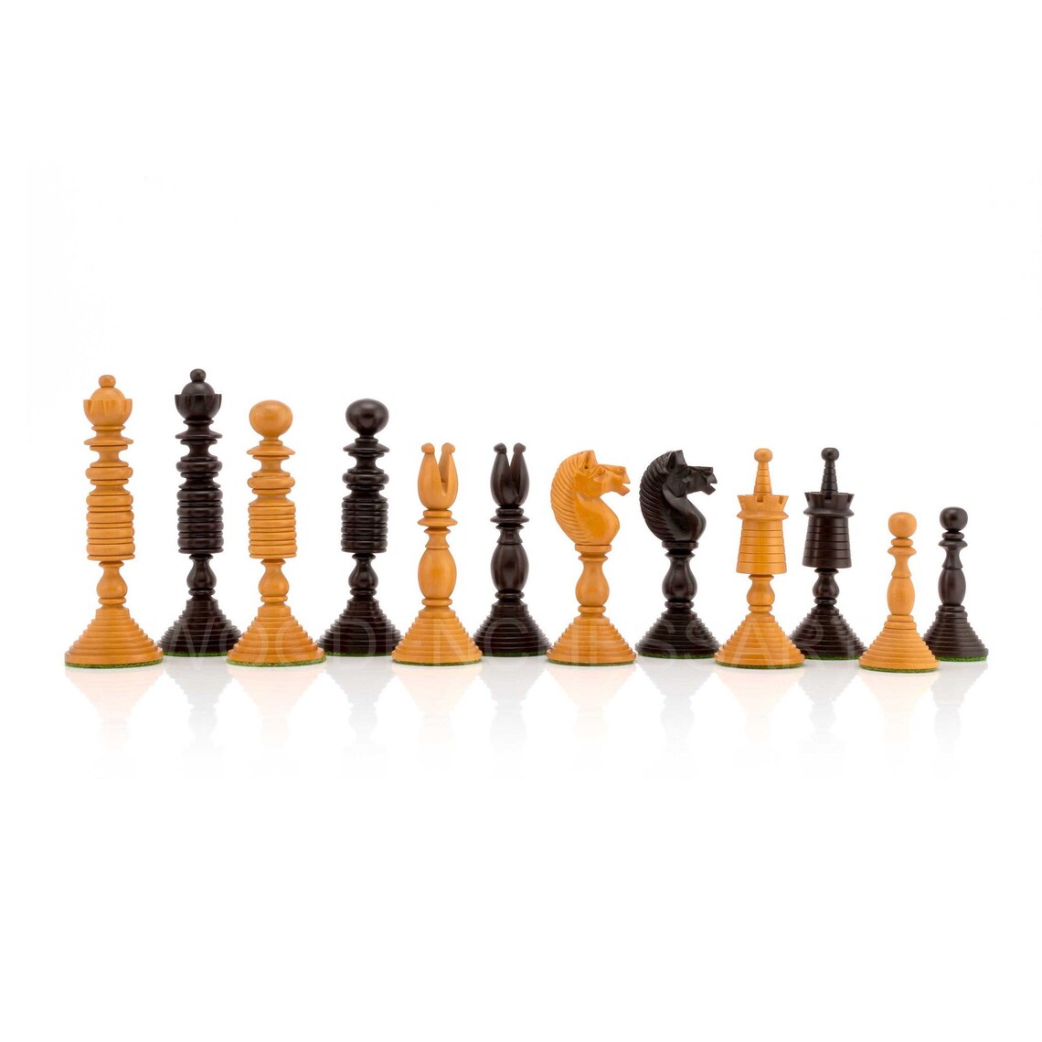 4.7” International Staunton Chess Pieces Only in Antiqued & Ebonized Boxwood - Double Weighted