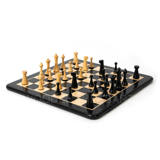 4" 1950s Ebonized Herman Ohme Minimalist Chess Pieces & 16.5" Ebony Chessboard Set4" 1950s Ebonized Herman Ohme Minimalist Chess Pieces & 16.5" Ebony Chessboard Set