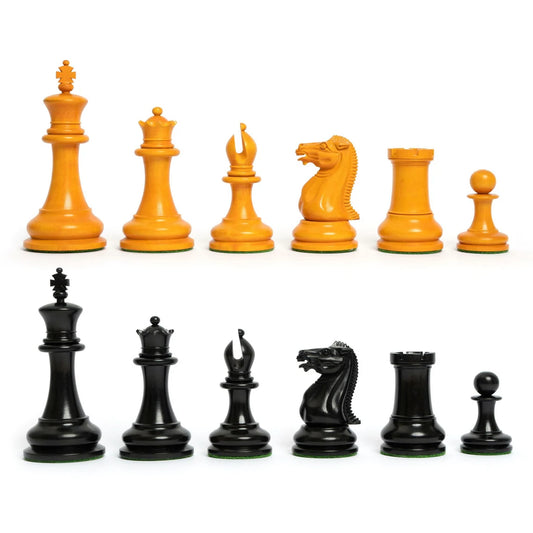 4.5” Reproduced 1849 Original Staunton Design Chess Pieces only in Ebony and Antiqued Boxwood - Triple Weighted