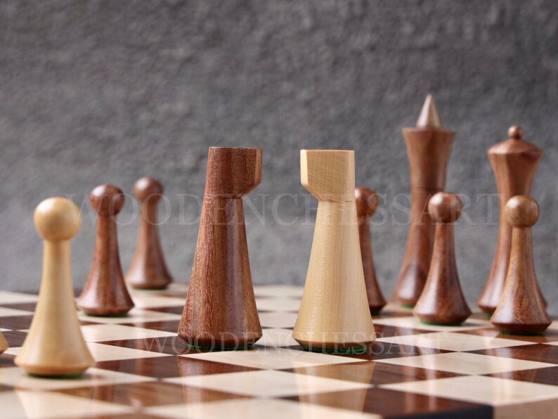4” Herman Ohme Reproduced 1950’s Minimalist Chess Pieces & 15.7" Chess Board Chess Set in Golden Rosewood