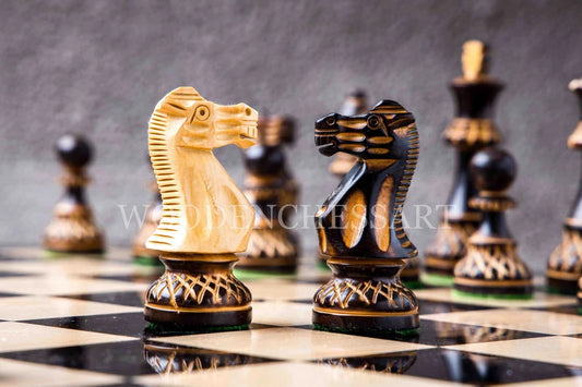 3.75" Burnt Blaze Chess Pieces & 21" Chessboard Chess Set in Ebony