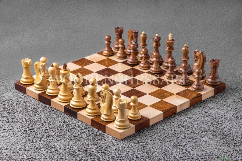 4" Zagreb 1959 Chess Pieces & 16” Premium Borderless Minimalist Chess Board Chess Set in Golden Rosewood