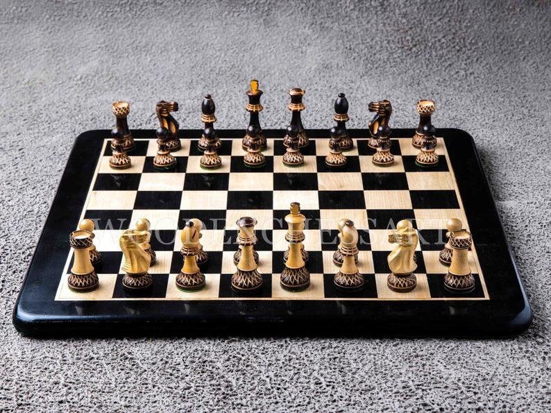 3.75" Burnt Blaze Chess Pieces & 21" Chessboard Chess Set in Ebony