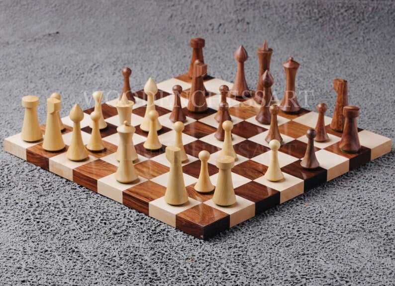 4” Herman Ohme Reproduced 1950’s Minimalist Chess Pieces & 15.7" Chess Board Chess Set in Golden Rosewood