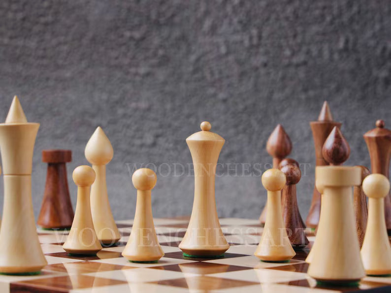 4” Herman Ohme Reproduced 1950’s Minimalist Chess Pieces & 15.7" Chess Board Chess Set in Golden Rosewood