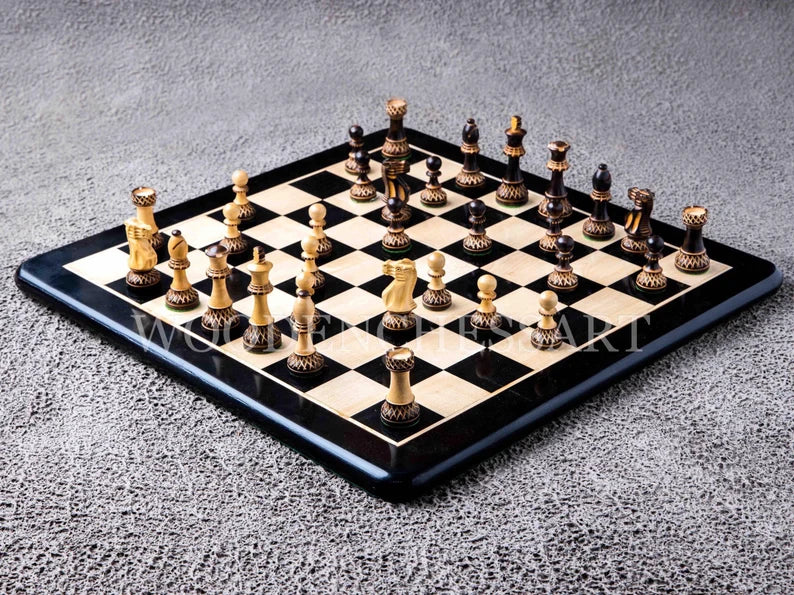 3.75" Burnt Blaze Chess Pieces & 21" Chessboard Chess Set in Ebony