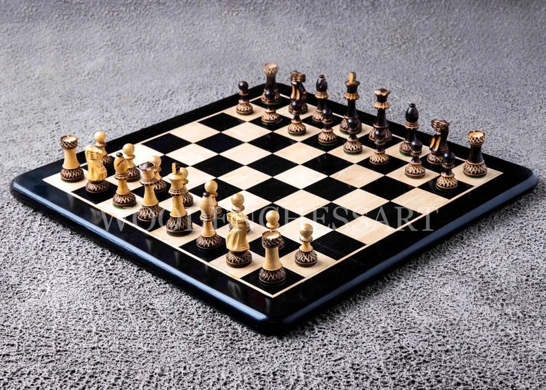 3.75" Burnt Blaze Chess Pieces & 21" Chessboard Chess Set in Ebony