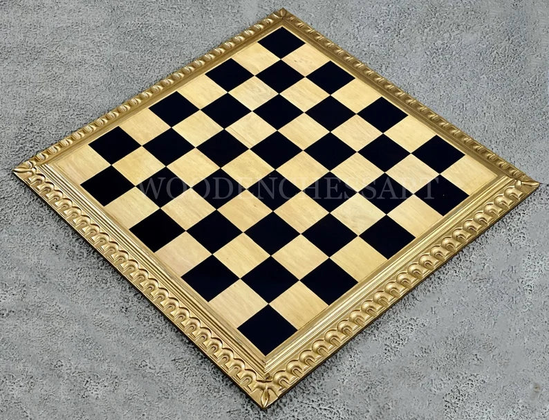 21” Luxury Raised Chessboard Only with Golden Borders in Ebony Wood
